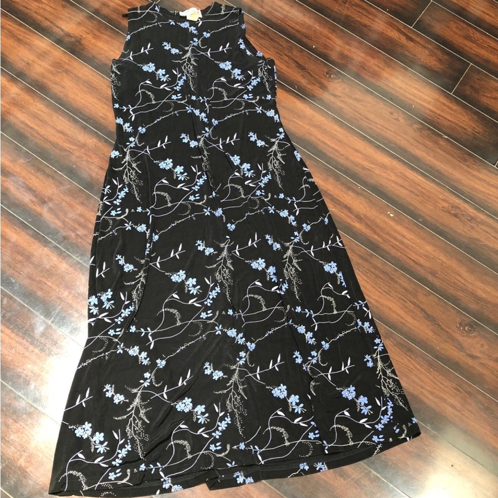 Vintage Ronni Nicole Black Maxi Dress size 14 black with Blue Floral Print